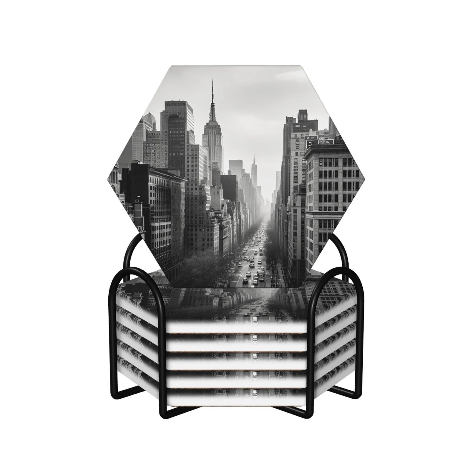 Dessous de verre en céramique lot de 6 avec support absorbant New York style noir et blanc