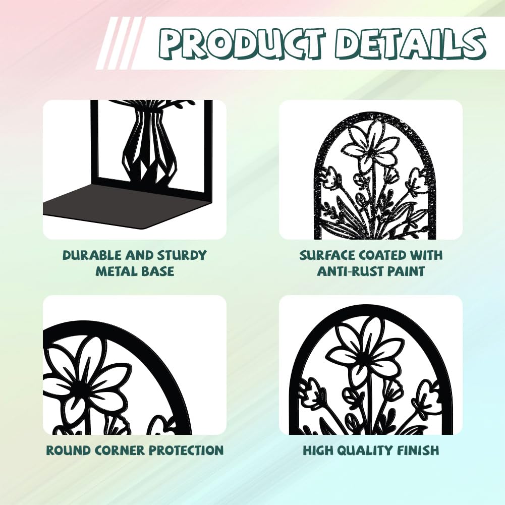 Peacoblue Metal Book Ends Stopper Holder Stand for Shelves Decorative 13.46x10.9x20cm Modern Creative Heavy Duty Study Bookends Stoppers Holder Stand for Desk Shelf 1 Pair (Vase with Flowers) - Image 3