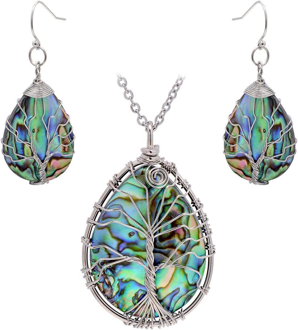 Hand Wired Tree of Life Sea Abalone Shell Jewelry Set Drop Earrings & Pendant Necklace