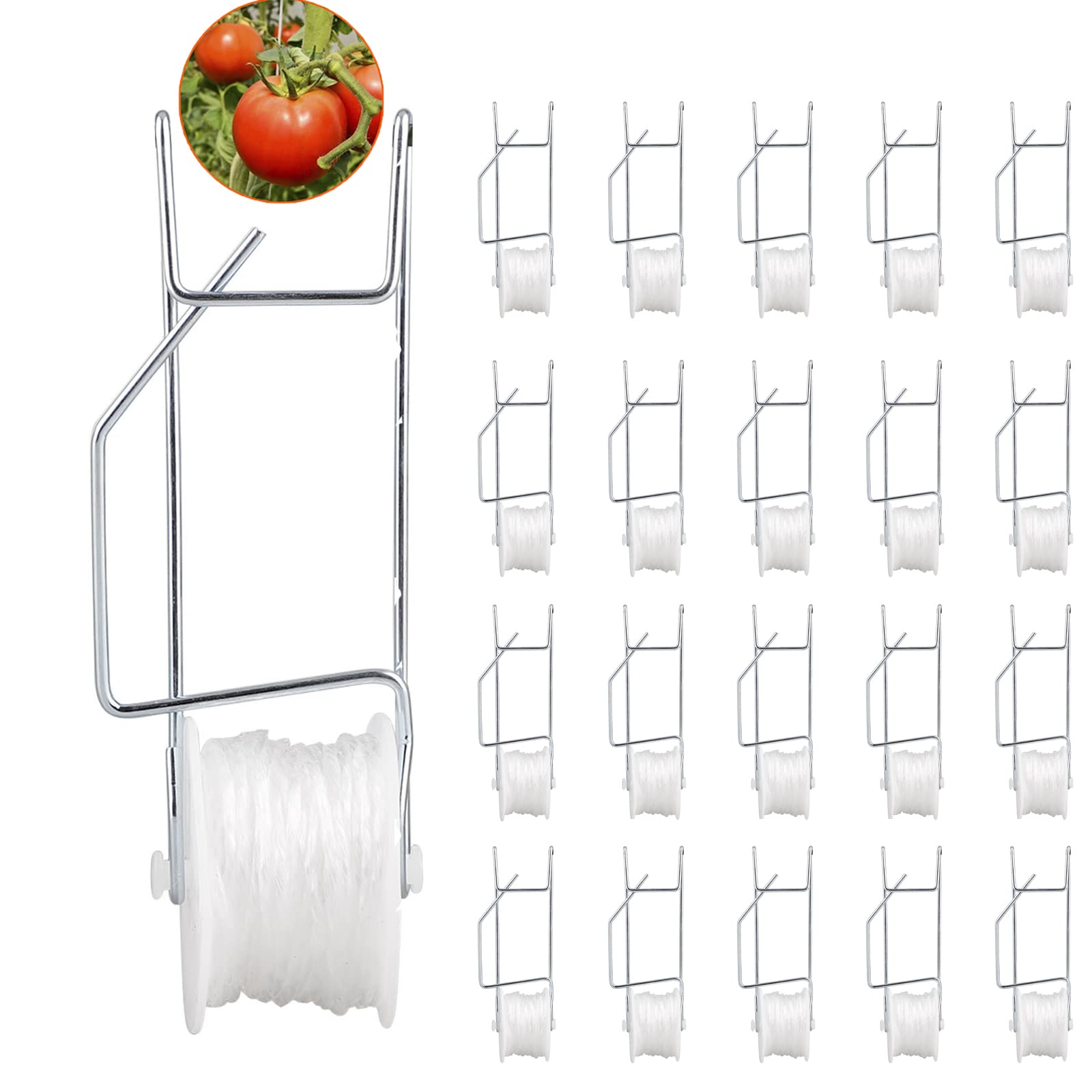20 Pack Tomato Trellis Roller Hooks with 15m Twine, Tomato Hooks Tomato Twine for Plant, Greenhouse, Flower Vine Twine Crop Trellis Kit Plant Roller Hook