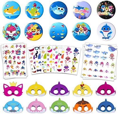 Shark Party Supplies for Baby, Birthday Decorations Party Favors Includes 10 Shark Mask, 10 Shark Badges, 2 Shark Stickers, 4 Tattoo Stickers