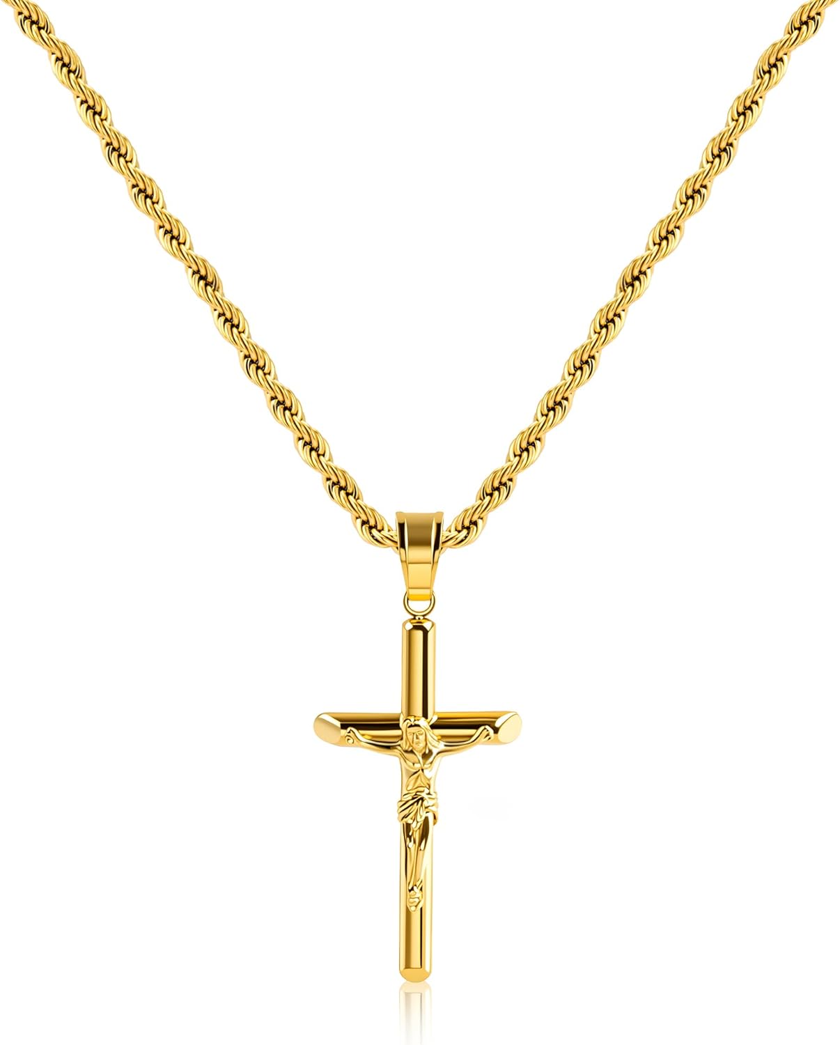 Sterling Silver Plated Cross Necklace for Men Gold Plated Cross Necklaces for Women Trendy Stainless Steel Crucifix Pendant with 3mm 21inch Rope Chain