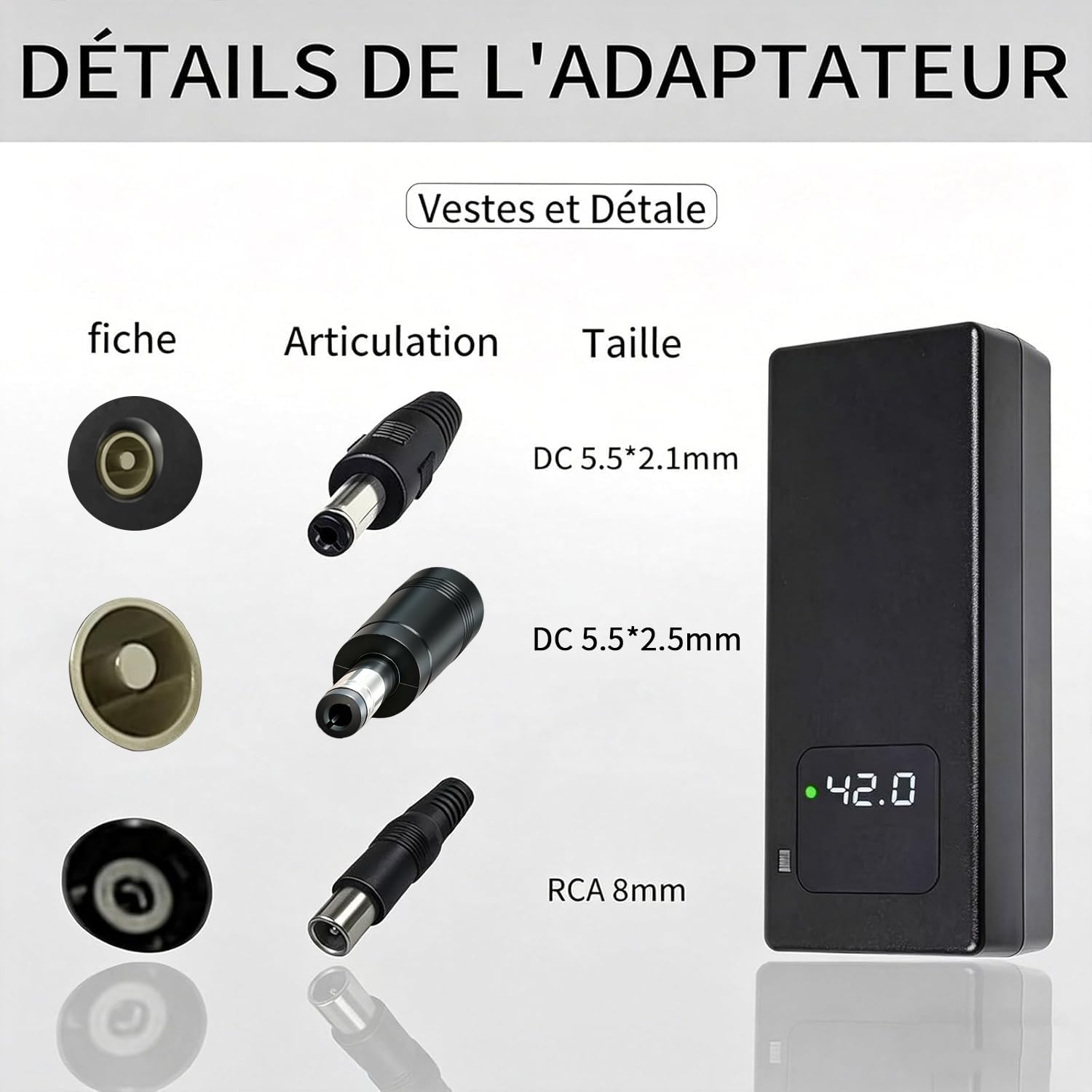 Cargador rápido 42V Li-Ion 36V, Bicicleta eléctrica y Patinete eléctrico | Pantalla LED, múltiples protecciones, certificación CE y conectores RCA de 8 mm y DC de 5,5 x 2,1/2,5 mm.