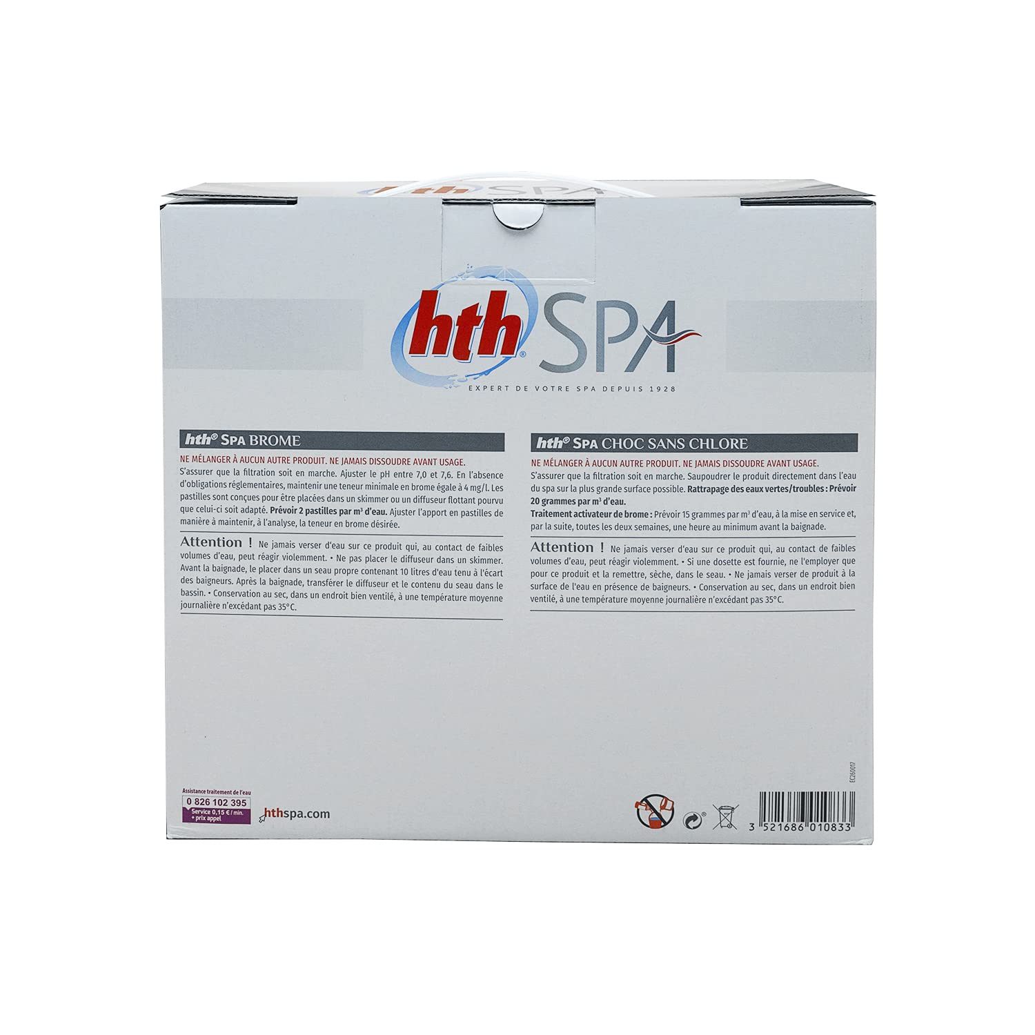 HTH Spa Petit Coffret DE Traitement AU Brome - 2,2kg | Kit Traitement et Entretien Essentiel - Désinfection Régulière et Choc sans Chlore + 10 Tests HPS OFFERTS 6 en 1