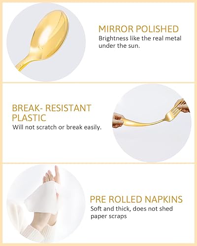 Miniatura 3 de Paquete de 60 cubiertos de plástico dorado con servilletas preenrolladas, el juego de cubiertos dorados desechables envueltos individualmente