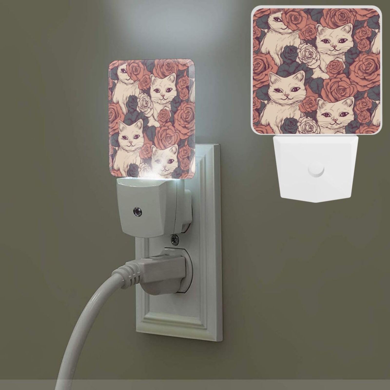 Rose Cat Night Light Plug into Wall LED Nightlight with Dusk to Dawn Sensor Plug in Night Light Auto-On/Off Night Lamp for Bedroom Bathroom Hallway Home Decor
