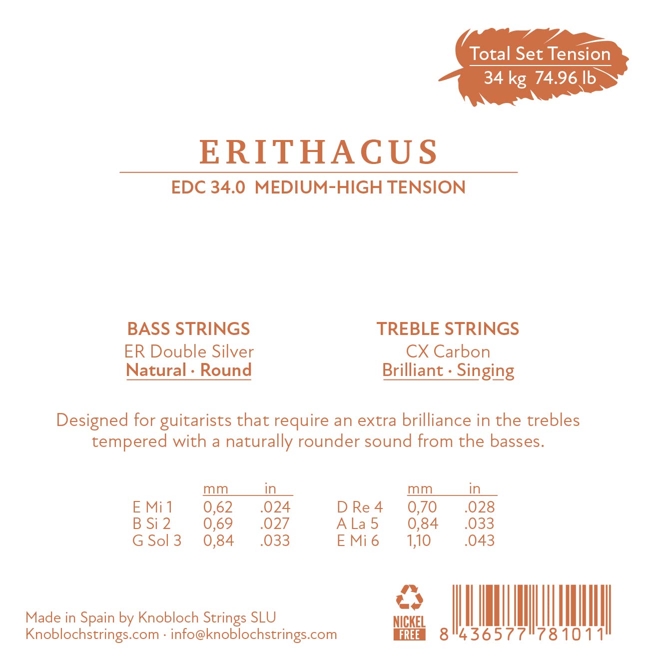 KNOBLOCH Strings - Corde per chitarra spagnola, EDC34.0 ERITHACUS doppio argento | tensione medio-alta | bassi caldi e alti luminosi | suono lirico e naturale | gioco corde fiamminga e classico