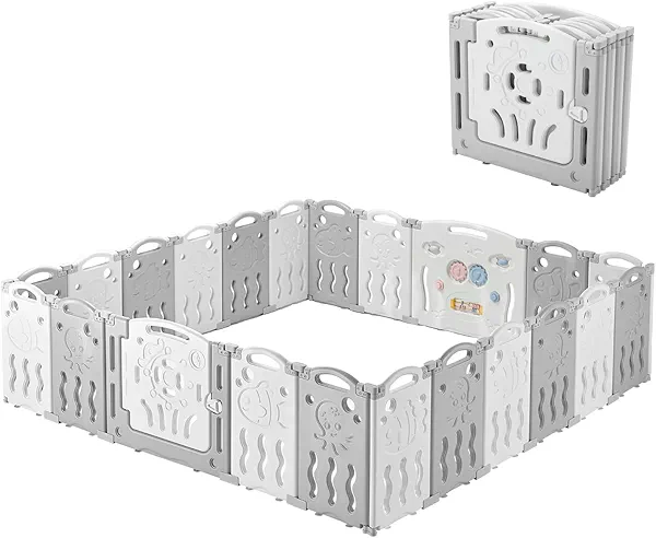 Albott Baby Playpen 22 Panel Foldable Baby playpen Folding Play Pen Kids Activity Centre Safety Play Yard Home Adjustable Shape, Portable Design for Indoor Outdoor Use (White+Grey, 22 Panel)