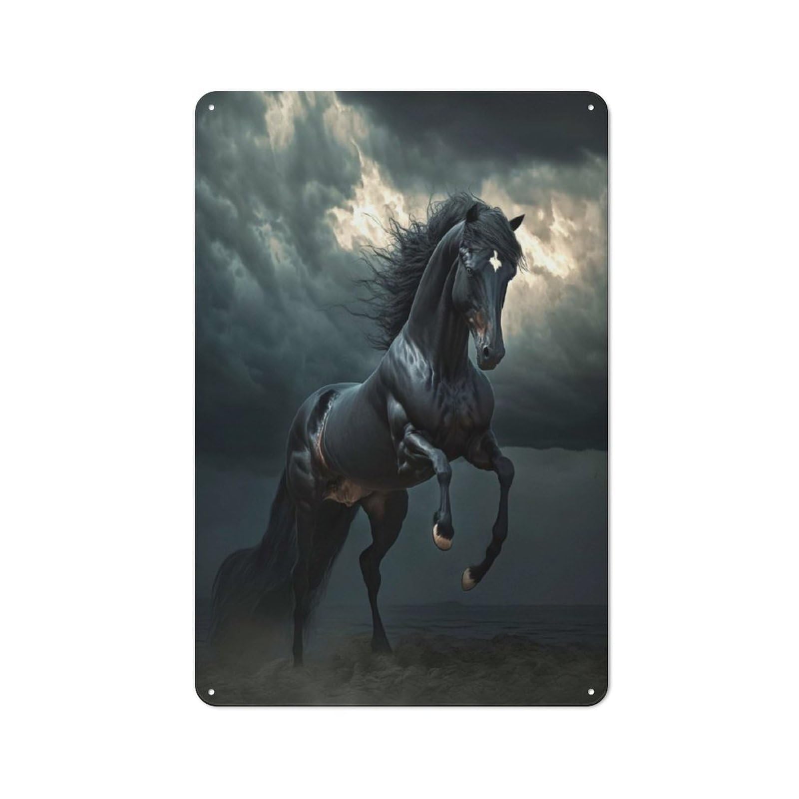 Tin Wall Plaque 30x20cm with Black Wild Horse in Storm for Man Cave Or Games Room, A Housewarming Gift for Leisure-room Decor Enthusiasts