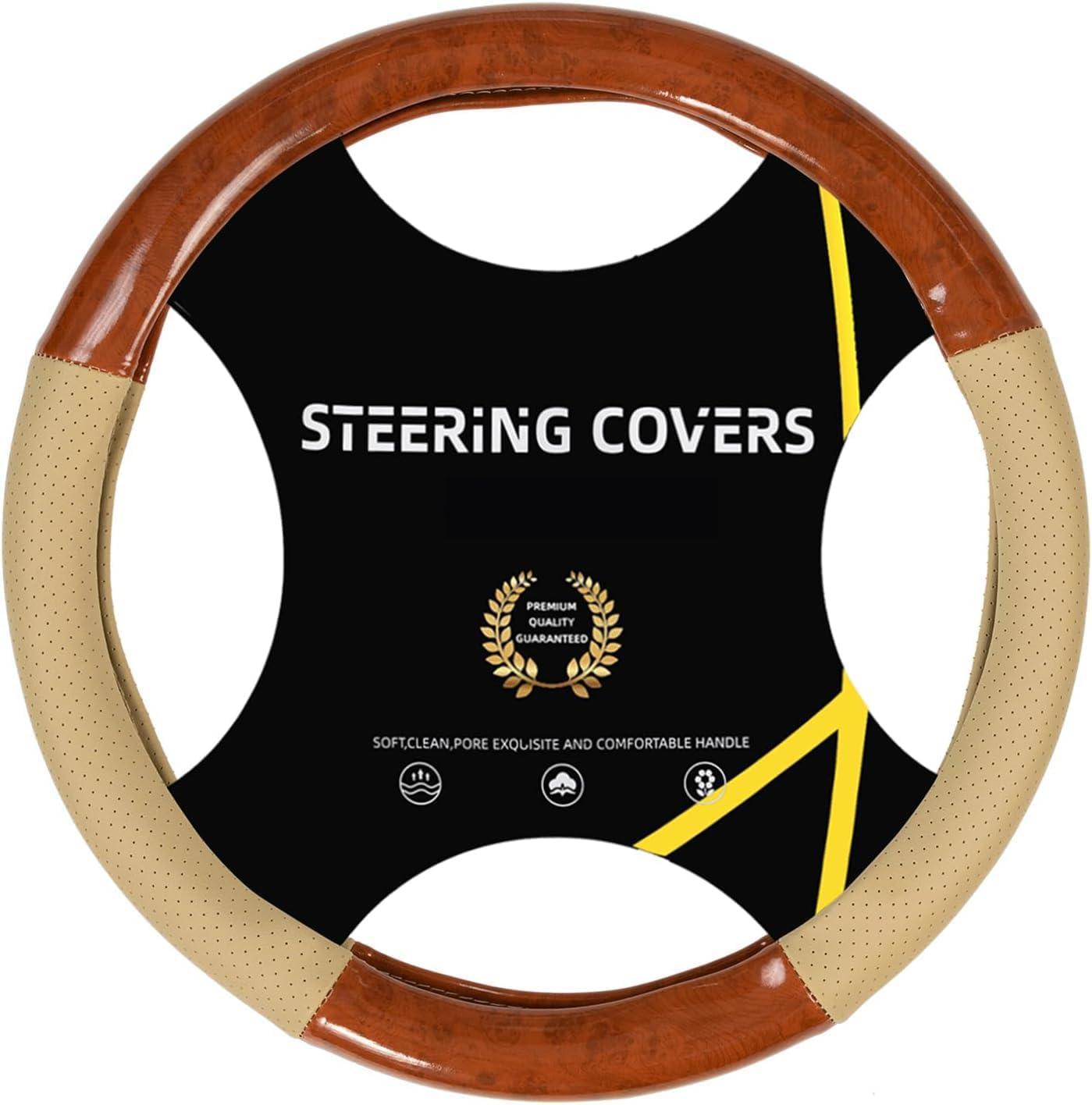 AUTOXBERT Wood Grain Steering Wheel Cover Universal 15" Microfiber Leather Safe Grip, Non-Slip, Breathable and Odorless Steering Wheel Covers Fit for Most Vehicles