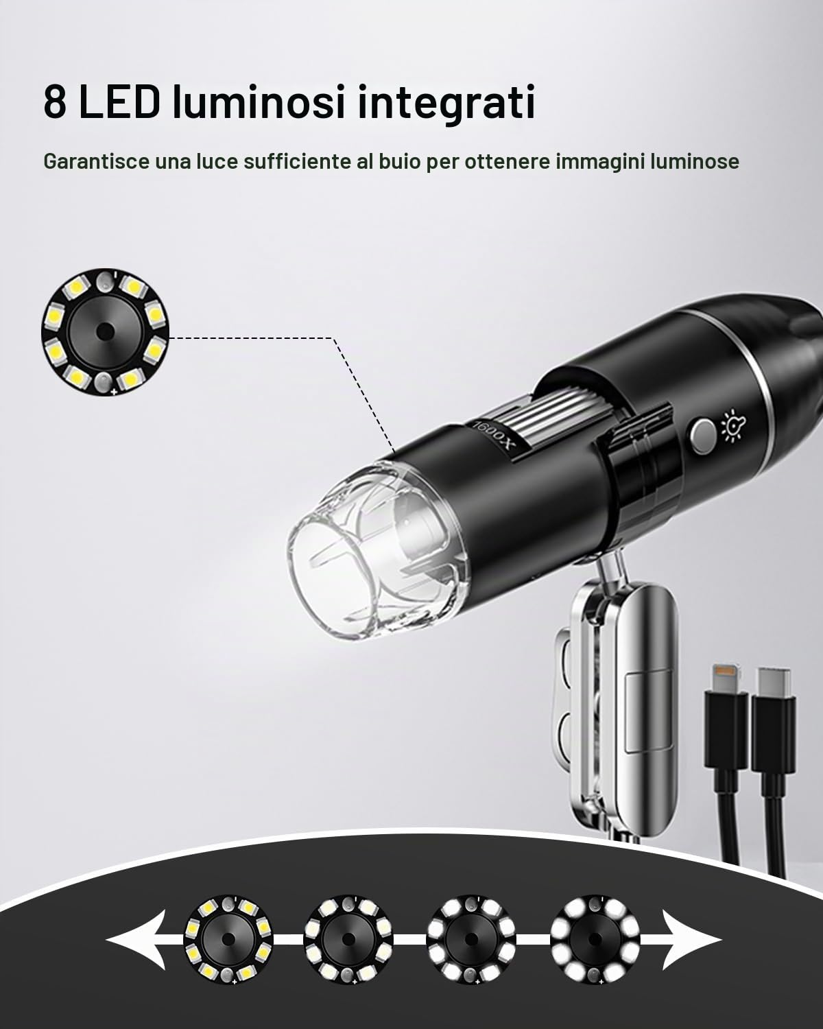 Microscopio digitale USB, AOPICK 10X-200X Ingrandimento fotocamera endoscopio, microscopio digitale portatile con 8 luci a LED per Android(USB-C), iPhone e iPad