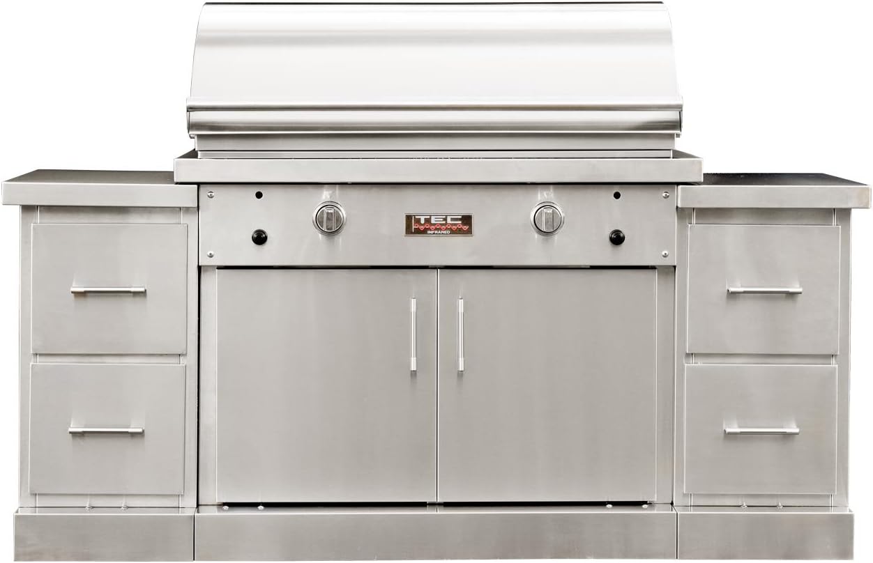 TEC Sterling Patio 2 FR Infrared Grill on Stainless Steel Island and Half Warming Rack (STPFR2NTISL-PFR2WR19), Natural Gas