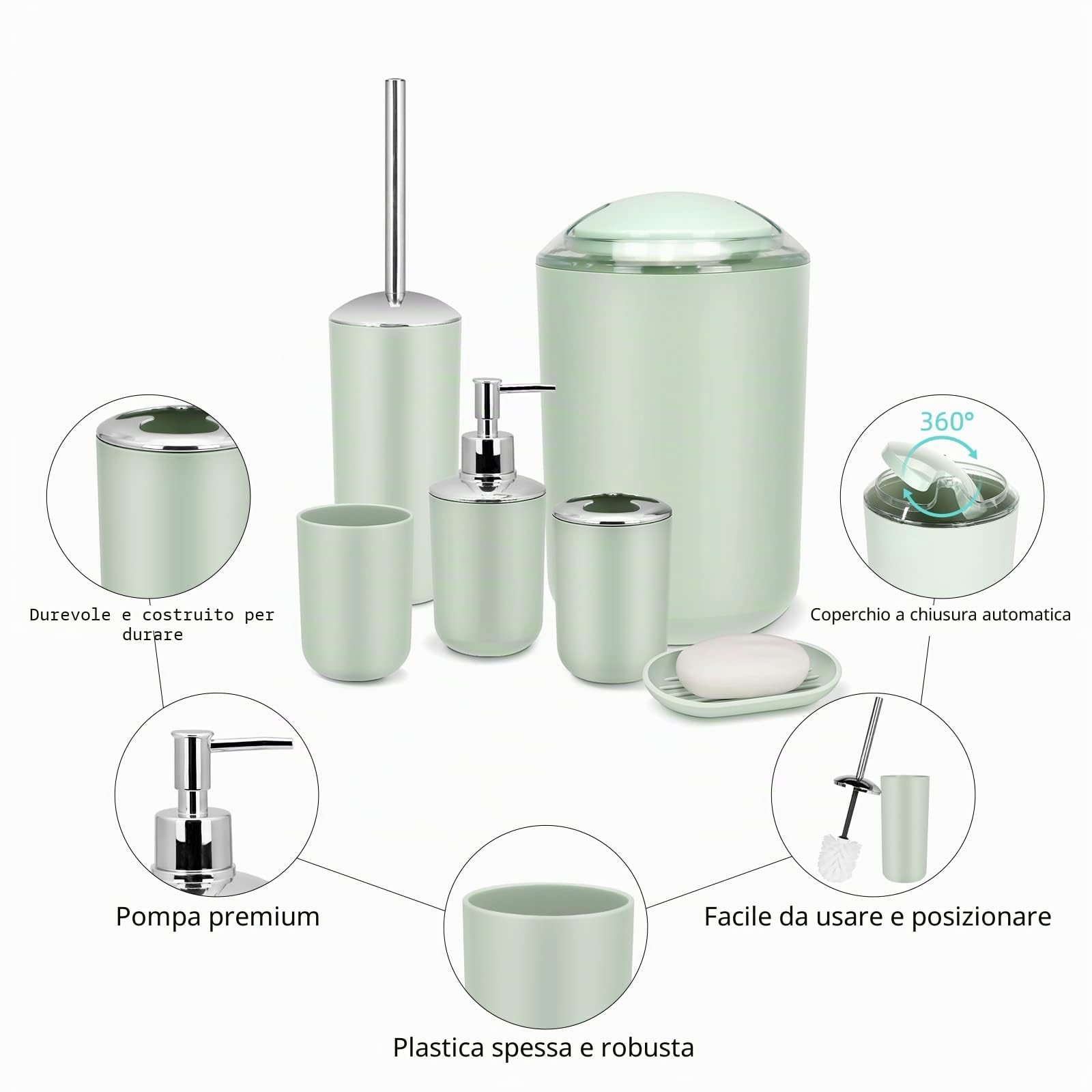 IMAVO Set di accessori da bagno – Set di 6 accessori da bagno verde con cestino, dispenser di sapone, portasapone, portaspazzolino e tazza, portascopino per WC, set di accessori per il bagno completo
