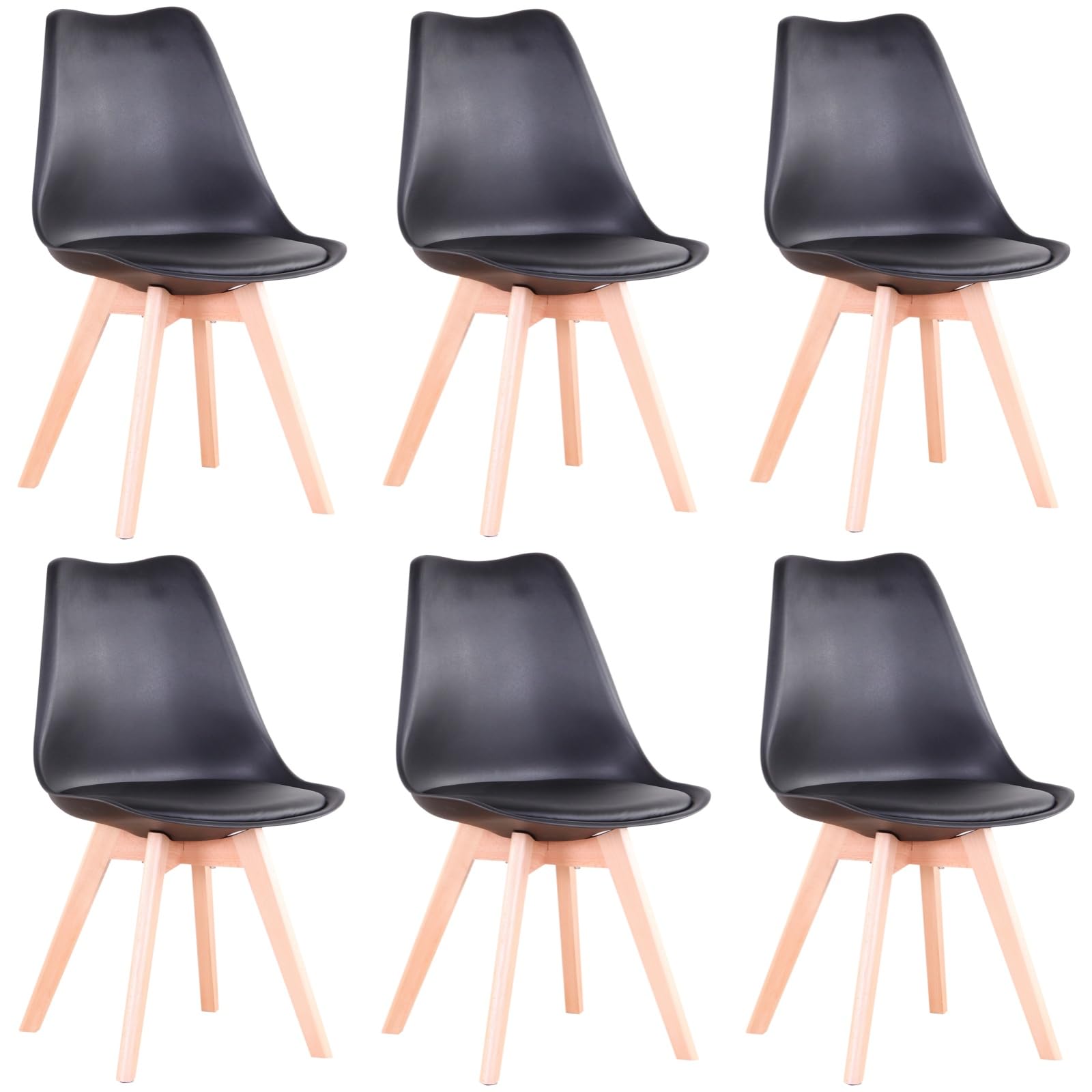 GrandCA HOME Juego de 6 sillas de Comedor escandinavas, diseño escandinavo, Patas de Madera Maciza, ergonómicas, para Comedor, salón, Cocina y Dormitorio (Negro, 6)