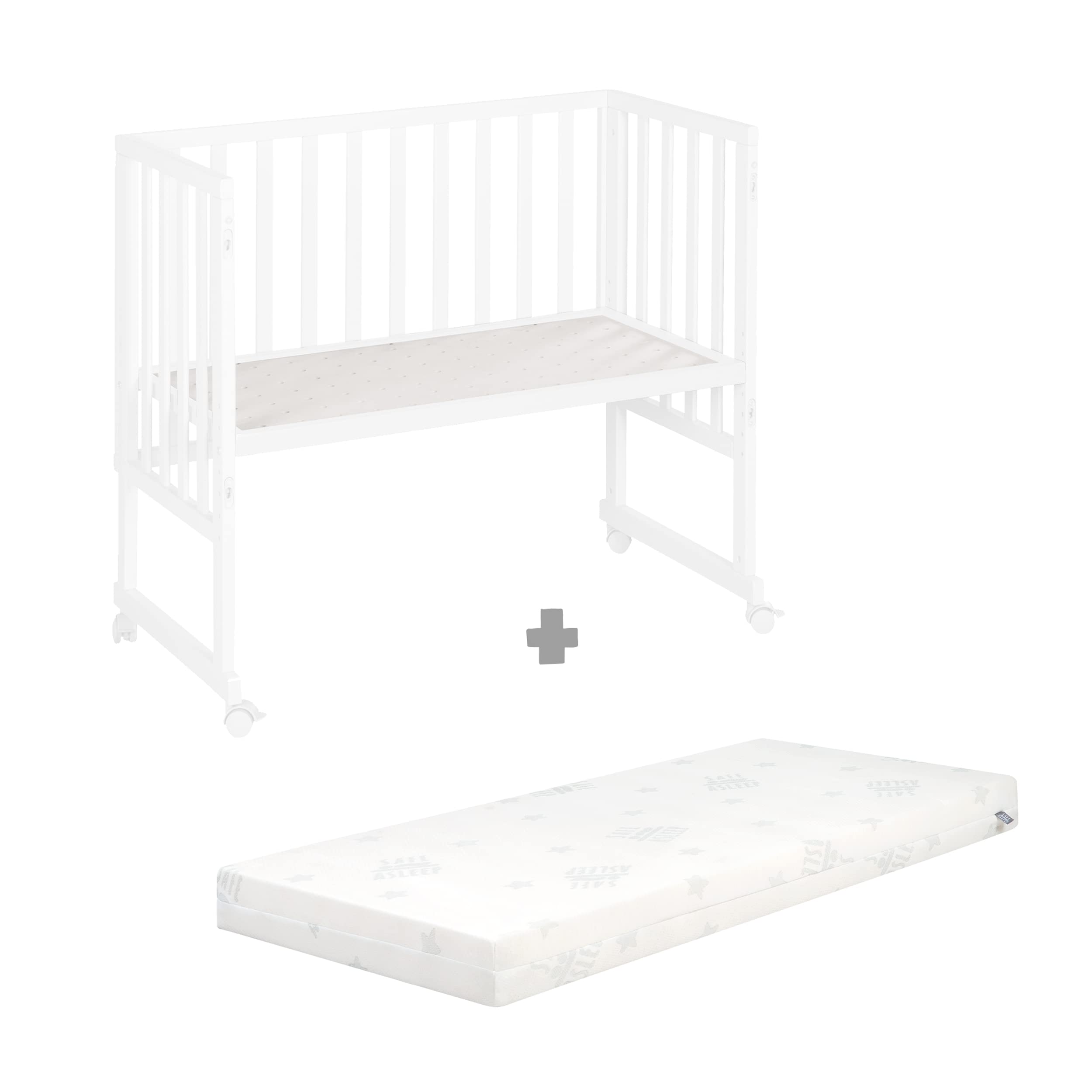 roba Cuna Colecho 45 x 90 cm Safe Asleep 3 en 1 - Altura Ajustable - Conjunto Completo con Cuna, Colchón, Barrera de Tela y Ruedas con Freno - Madera Blanca