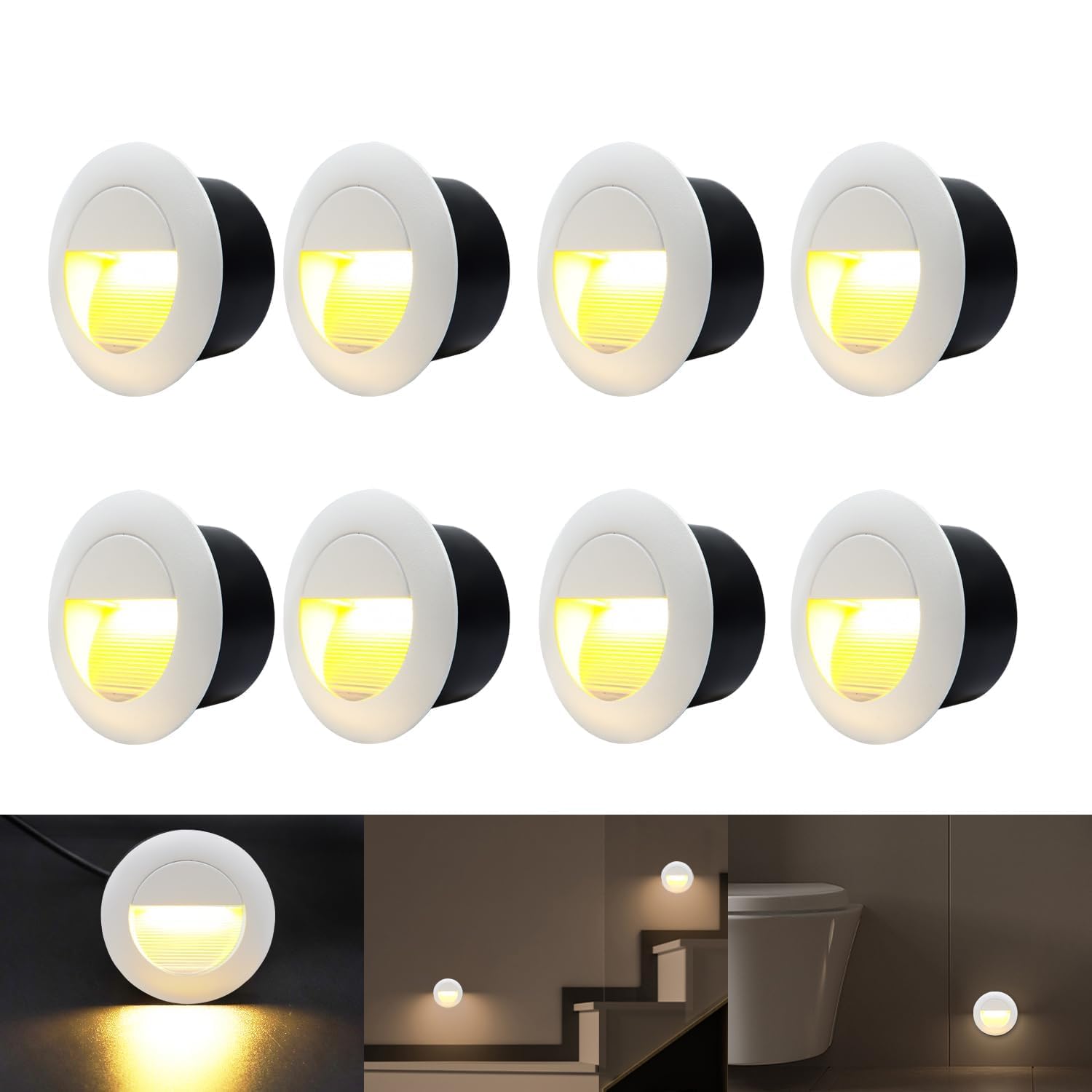 FWoche 8er 3W Round Stair Lights, Warm White Wall Light with Recessed Box, 230V Aluminium Waterproof Recessed Staircase Step, White, IP65 โ image 1