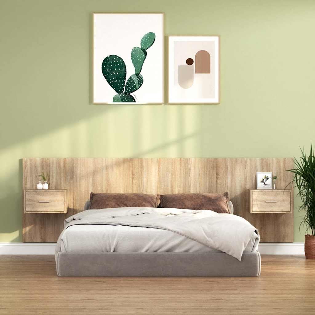 Tête de lit en chêne Sonoma avec 2 tables de chevet, 160 x 80 cm, montage mural, chambre à coucher, espace de rangement, lit double, confortable, soutien dorsal