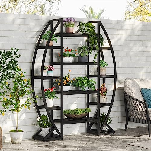 Image of Tribesigns Curved Plant Stand Indoor, 8 Tiered Large Metal Plant Shelf, 69 inch Tall Industrial Flower Pot Stand Display Rack for Indoor Living Room, Balcony, Patio (Black)