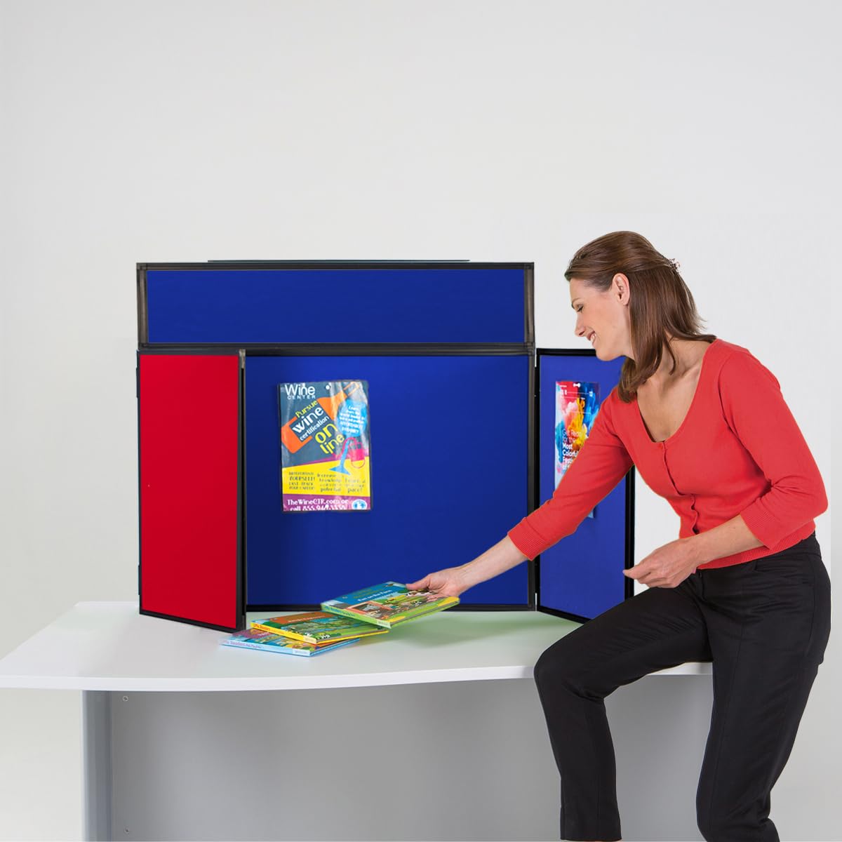 Exhibition Display Panel Kit with a Clip on Header | Double-Sided Cherry Red/Royal Blue with Black PVC Frame | (Landscape) -Ideal for Table or Desk top displays | Great for Healthcare & Education