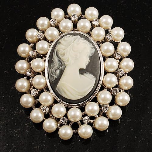 Miniatura 6 de Broche de camafeo de cristal de perlas simuladas (tono plateado), Perla de imitación Cristal Cameo Perla sintética Cristal, Sin gemas.