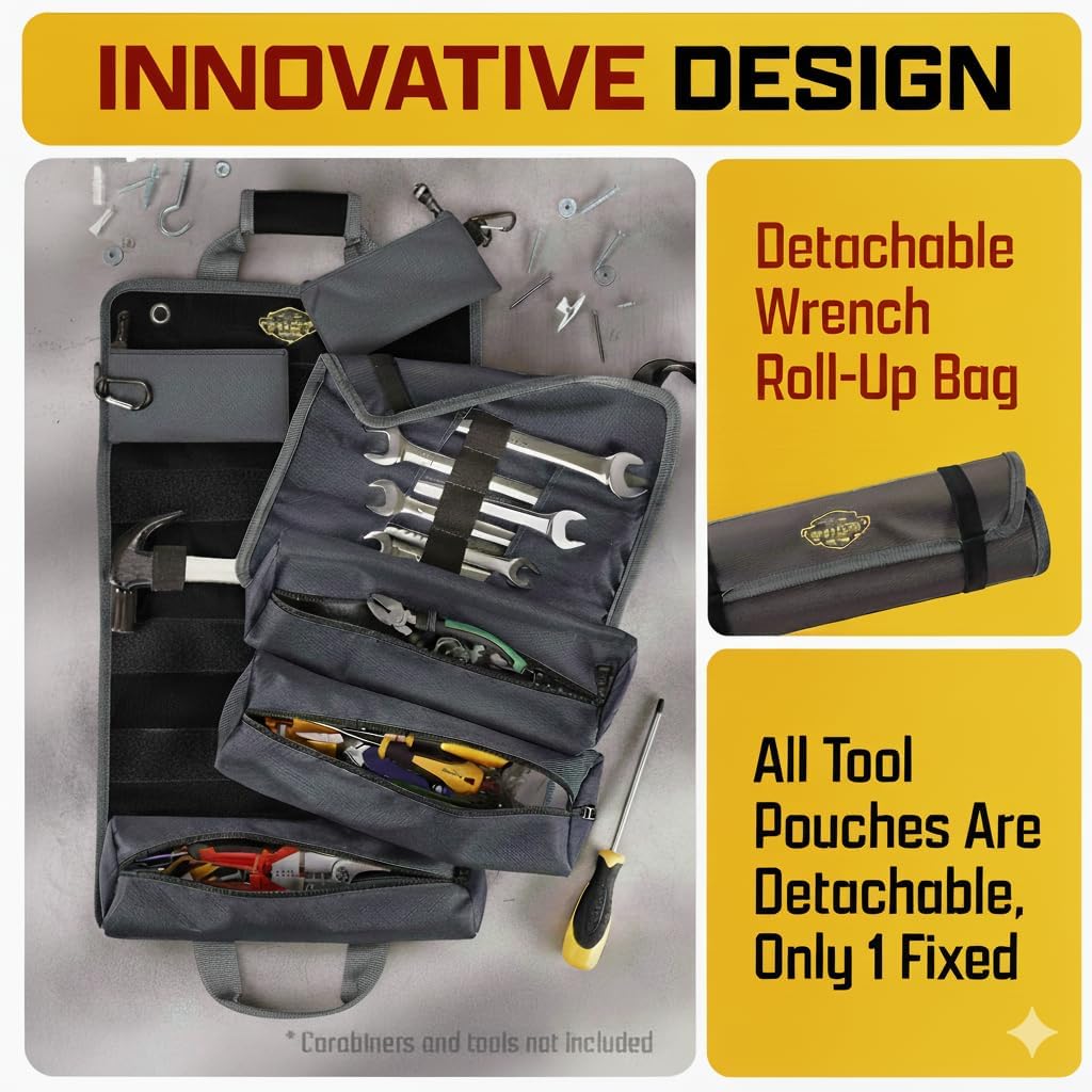 The Ryker Bag Black Pro Tool Roll – Heavy-Duty Canvas Roll-Up Tool Organizer w/detachable pouches for Bolts, Sockets & Small Power Tools for Electricians, Plumbers, HVAC Techs & DIY Professionals