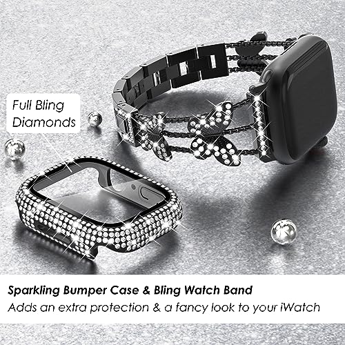 WINGLE Bling Band and Case for Apple Watch Band Women Series 11 10 42mm, Butterfly Diamond Metal Band Rhinestone Crystal Bracelet Jewelry Fancy Chain with Sparkle Screen Protector Case, 42 mm Black - image 4