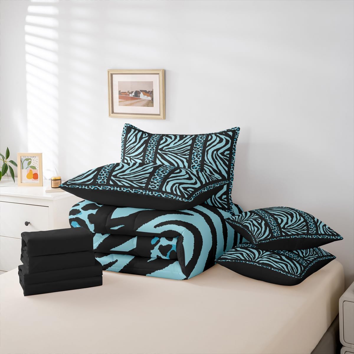 Feelyou Zebra Leopard Print Comforter Set Queen Size 7 Pieces Blue Black Leopard Bedding Set Kids Boys Girls Animal Print Bed in a Bag with Comforter, Sheets, Pillowcases, Cushion Covers Bedroom Decor