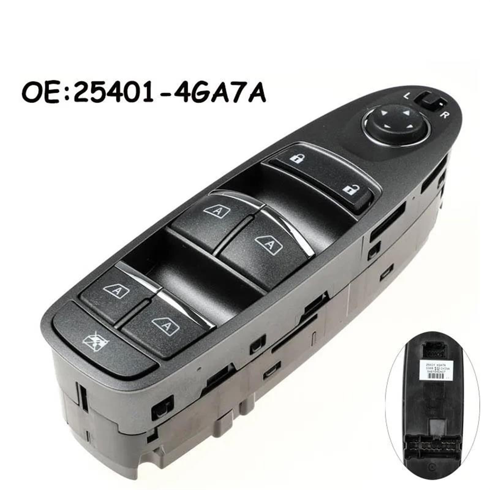 Do Infiniti Q50 (2014-2018): wyłącznik główny do elektrycznego podnośnika szyb na drzwiach kierowcy po lewej stronie, numer części 25401-4GA7A (254014GA7A).