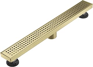 Linear Shower Floor Drain, Brushed Gold 24 Inch 304 Stainless Steel Bathroom Drains Kit, Long Rectangular Shower Trench Drain with Square Pattern Drain Cover & Hair Catcher
