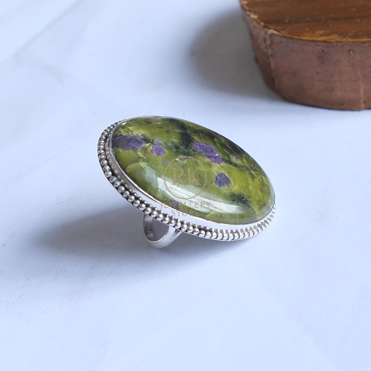 Large Green Atlantisite 925 Sterling Silver Boho Stacking Ring Stichtite Rings For Women Gift Jewelry