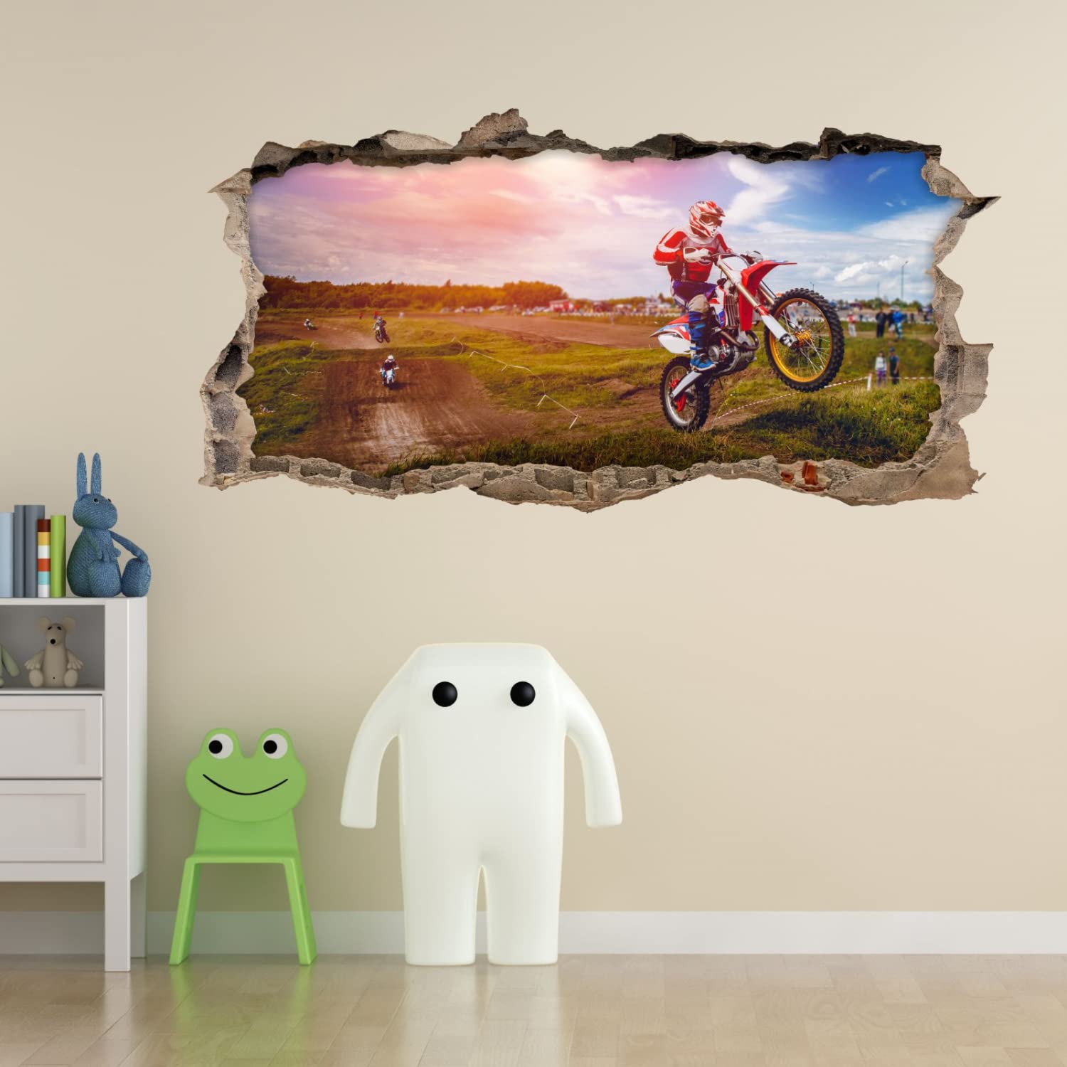 220 Wandtattoo Motocross - Loch in der Wand - Größe 2000 x 1000 mm - in 6 Größen - Kinderzimmer Sticker Wandaufkleber Wanddeko Wandbild