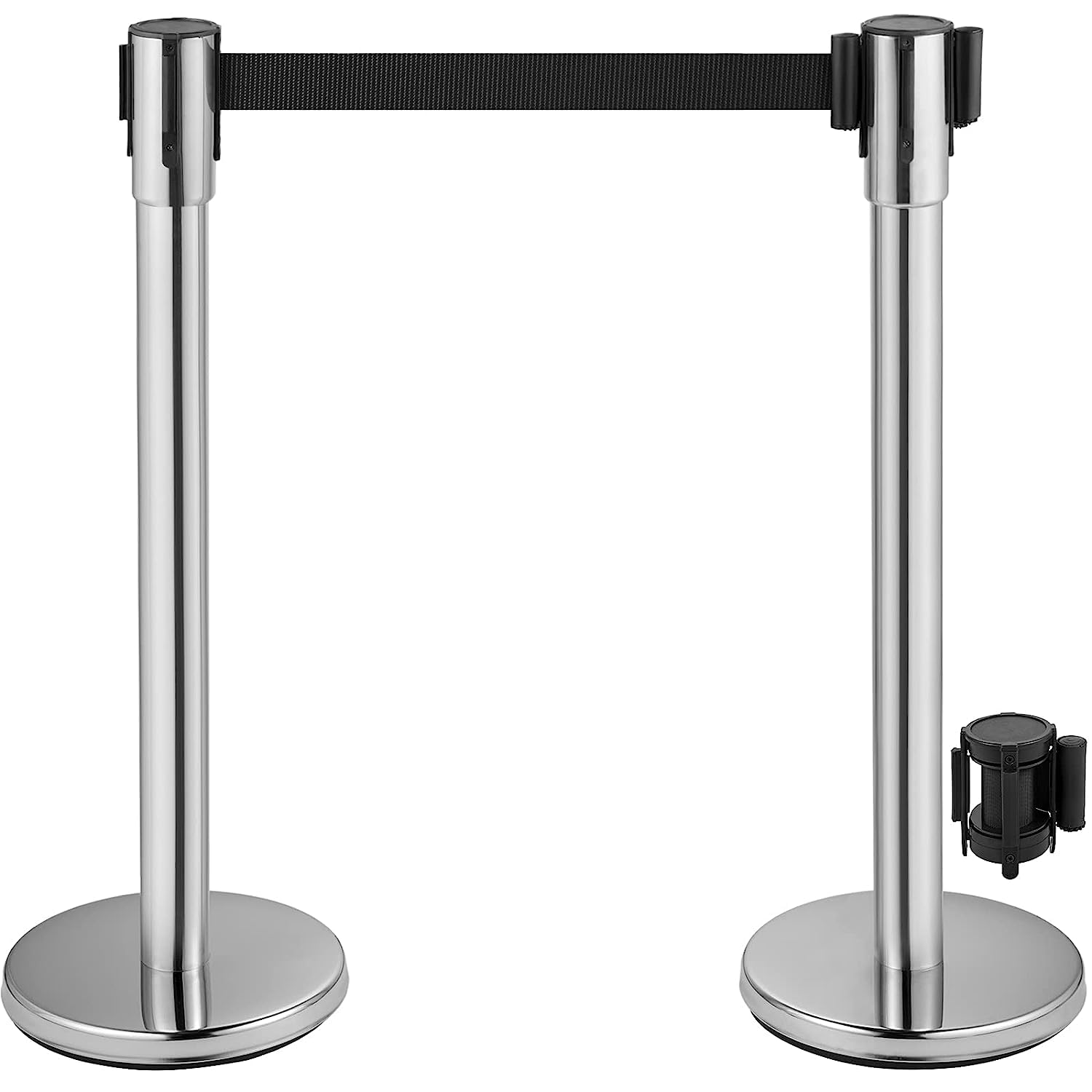 VEVOR Crowd Control Stanchion, Set of 2 Pieces Stanchion Set, Stanchion Set with 6.6 ft/2 m Black Retractable Belt, Silver Crowd Control Barrier w/Concrete and Metal Base - Easy Connect Assembly
