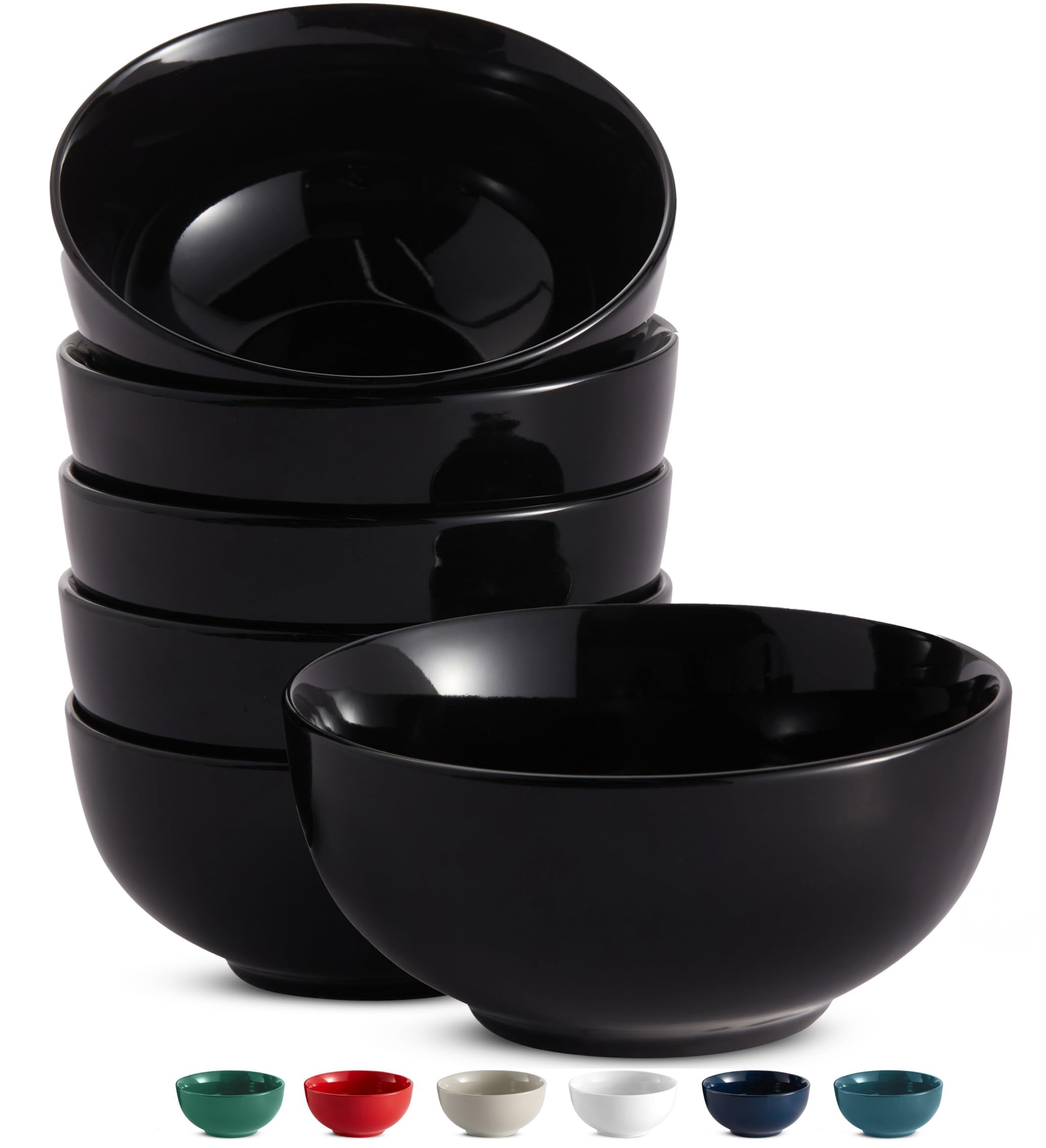 KooK Ceramic Cereal Bowls, Microwave, Dishwasher and Freezer Safe, Porcelain Dishes for Soup, Pasta, Salad, Oatmeal, Deep Interior (Black, 6 Inch)