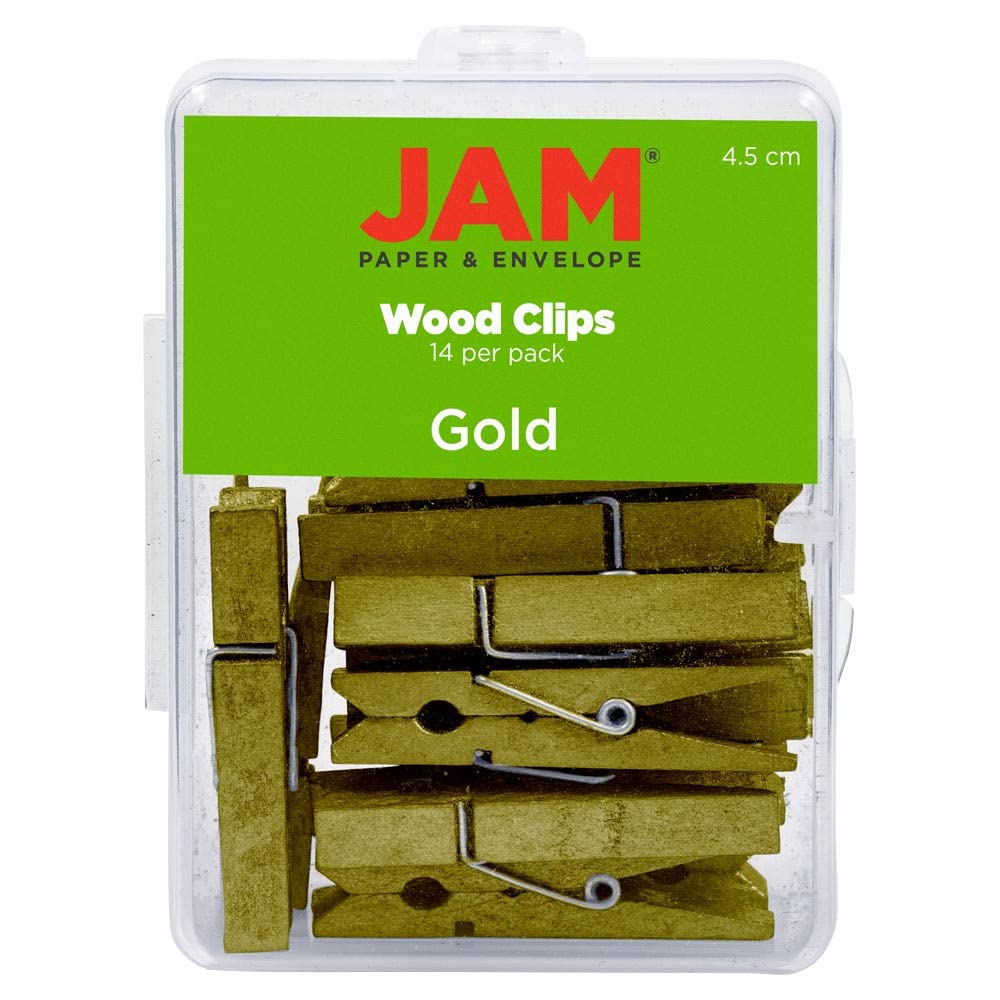 JAM PAPER Wäscheklammern aus Holz, extra groß, 4,5 cm, goldfarben, 14 Stück