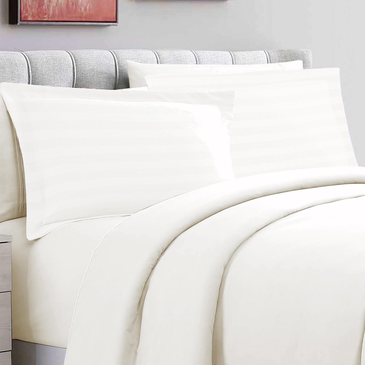 Pizuna Cotton Striped Standard Pillow Cases 50x75 cm Cream, 300 Thread Count 100% Long Staple Cotton Sateen Weave Pillow Cover With 5cm Hem (Cooling Pillowcase - 2 PC)