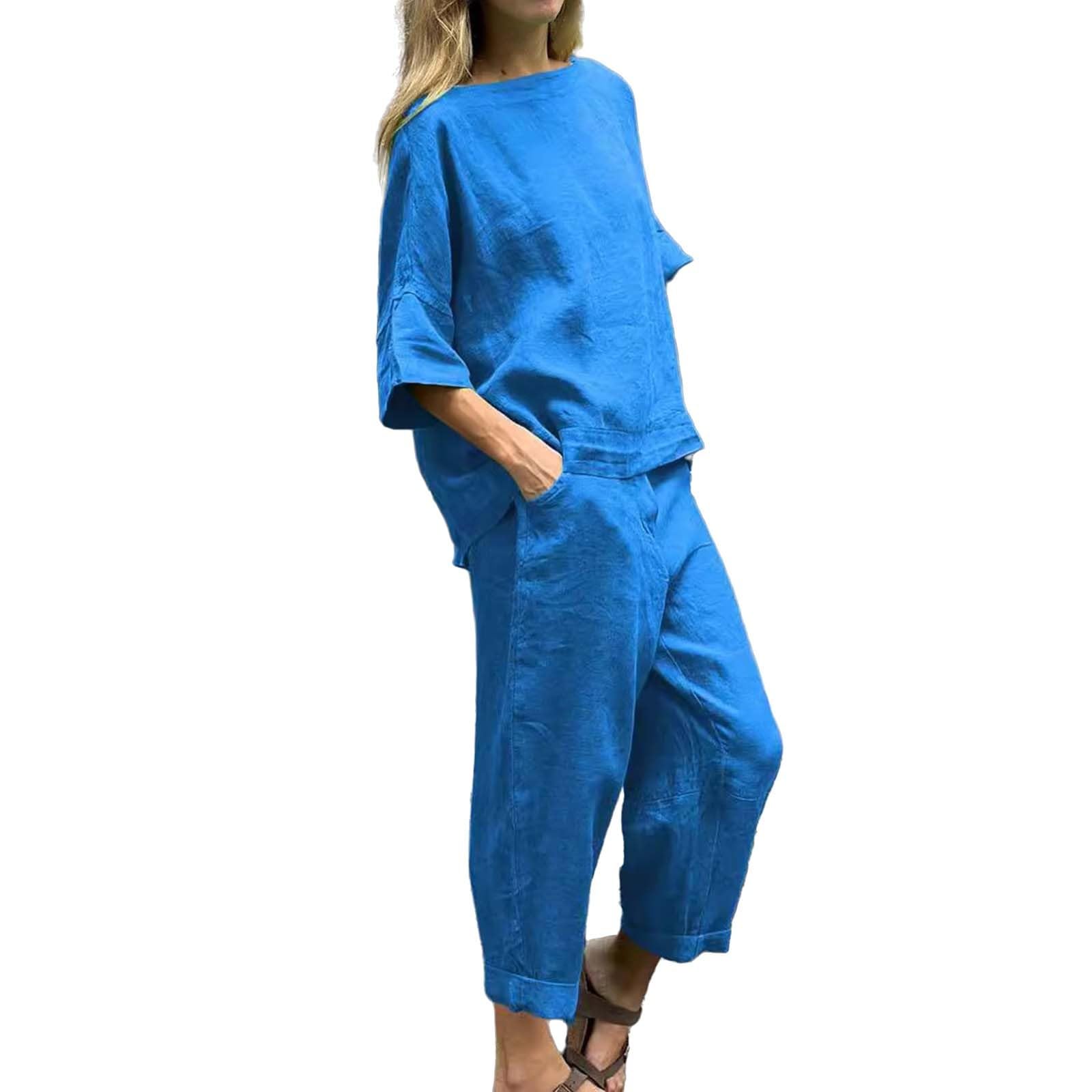 Genérico Mujer Conjunto Chándal Traje de Punto Dos Piezas Casual Algodón y Lino Conjunto de Camiseta de Manga Corta y Pantalones Conjunto de Pijama Cómodo Moda Color Sólido Verano Transpirables