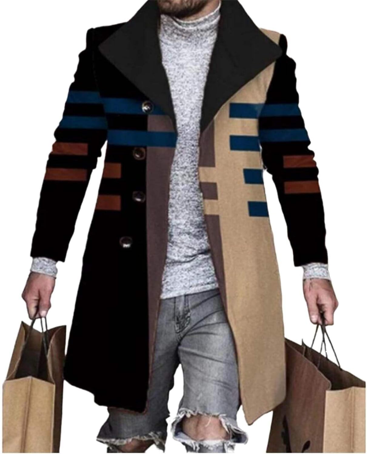 Men's Plaid Long Trench Coat Mid - Length Lapel Collar Button Down Warm Overcoat fo...