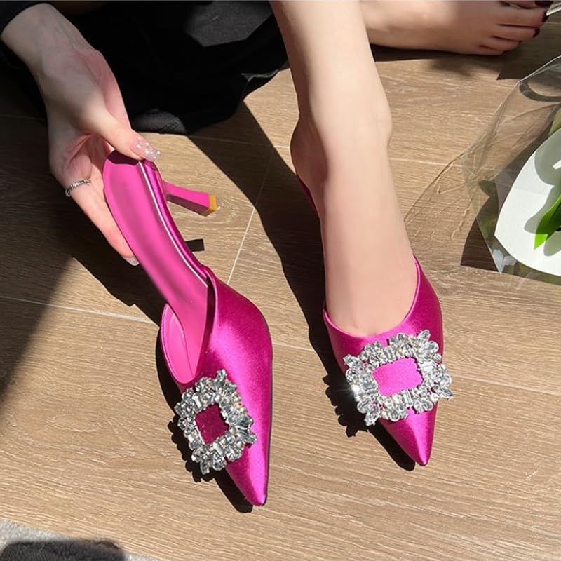 Women's Shoes with Diamond Square Buckle Pointed Toe Semi Trailer Thin Heel Sandals and Slippers3