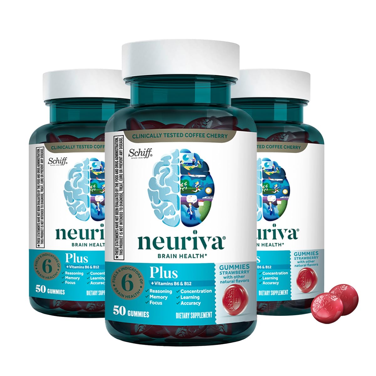 Plus Brain Supplement for Memory, Focus & Concentration + Cognitive Function with Nootropics Phosphatidylserine and Neurofactor, VIT B6 & B12, Strawberry Flavor, 50 Gummies (3 Pack)