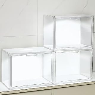 Clear Stackable Display Case with Light, Voice Control Lighting Storage Bins, Display Box Dustproof Showcase for Collectibles, Figures, Shoes, Toys & Jewelry (Transparent with light-L-3 Pack)