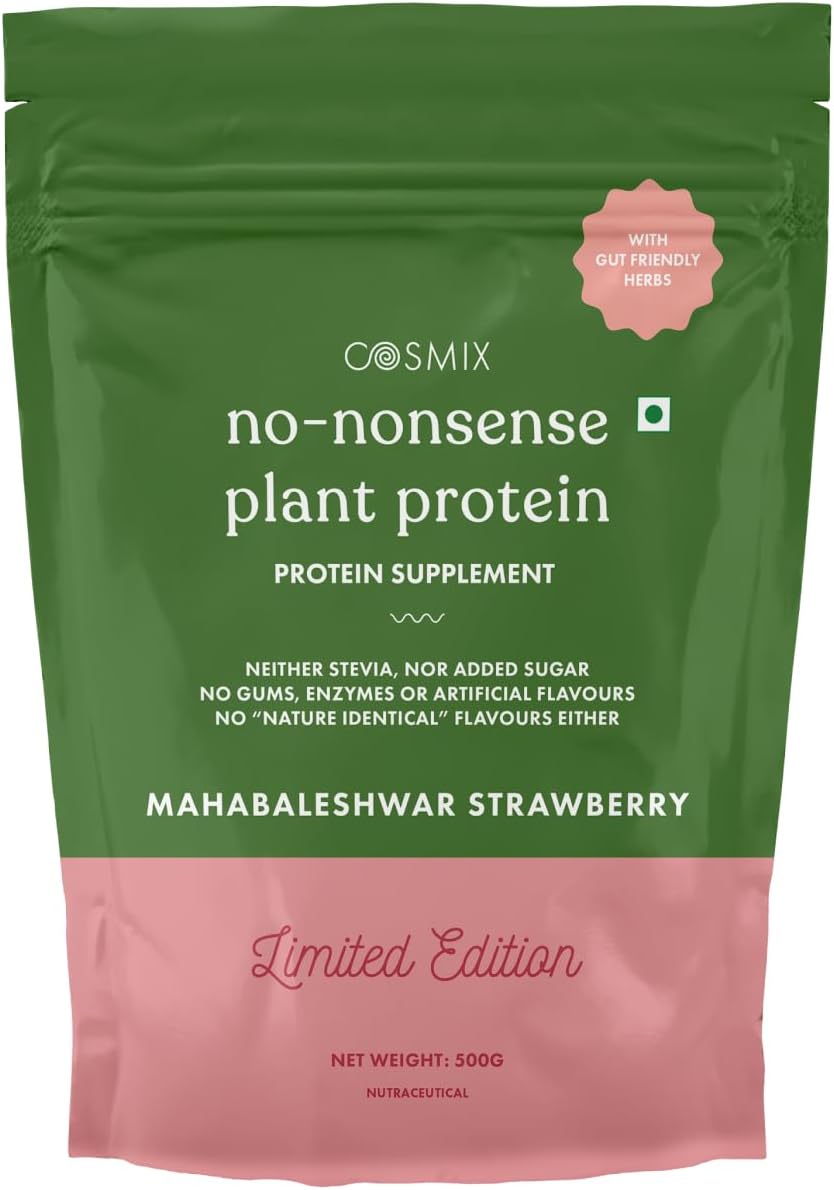 Cosmix No-Nonsense Plant Protein | 23 Protein/Serve, 500g Pouch | Mahabaleshwar Strawberry | Plant Based Protein, Pea & Rice Isolate | Clean, Easy to Digest | All Essential Amino Acids