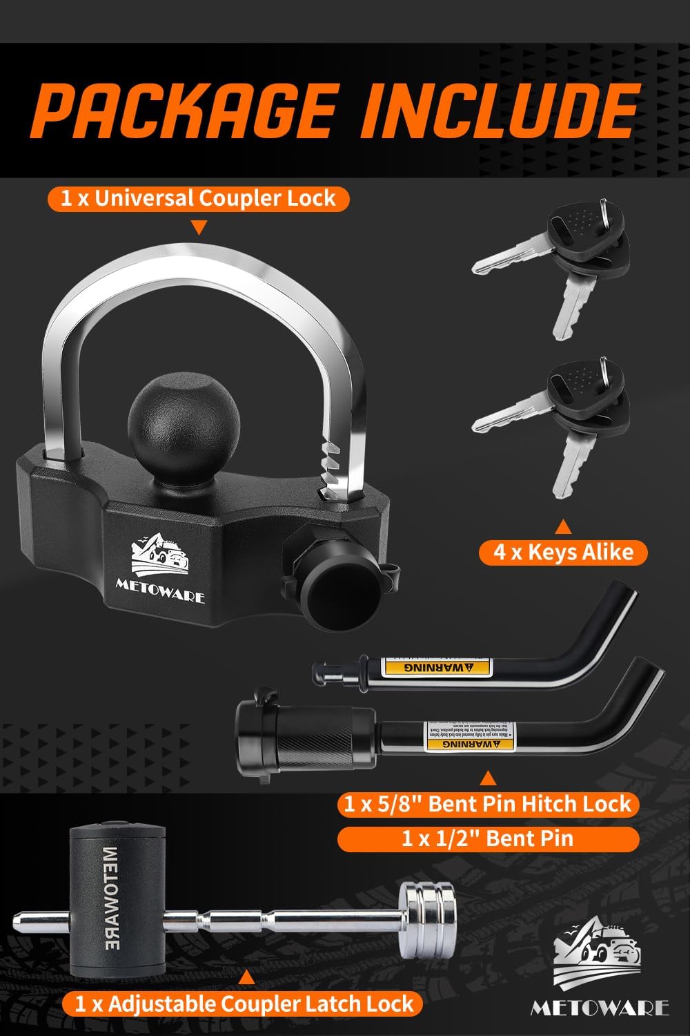METOWARE Heavy Duty Trailer Coupler Lock Set - Universal Trailer Ball Lock, 1/2" & 5/8" Bent Pin Hitch and Adjustable Coupler Latch With 4 Keys Alike