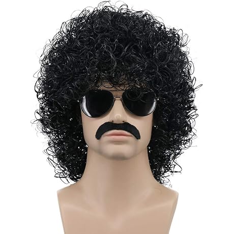 California Halloween Cosplay Rocker Wig with Mustache Beard and Black Afro