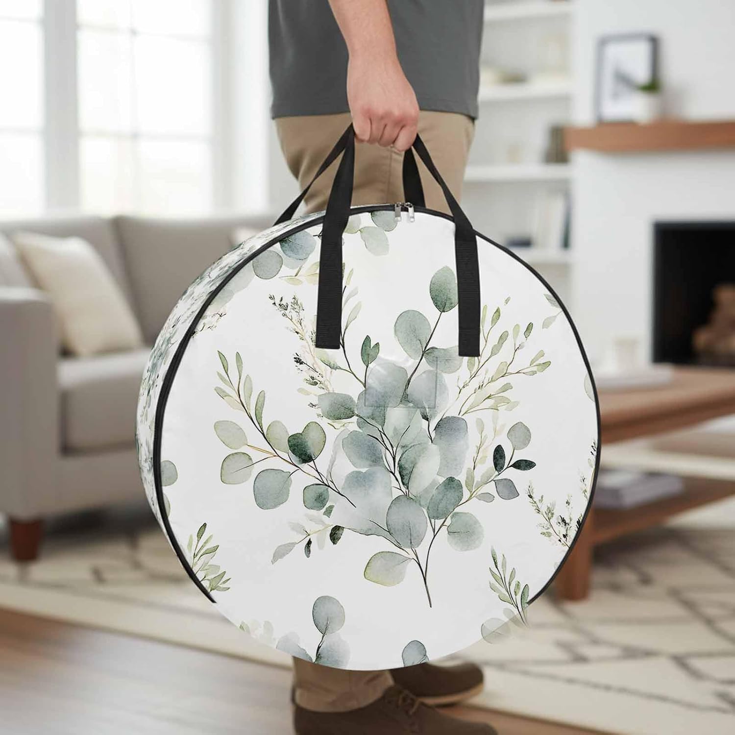 Watercolor Sage Round Storage Bag 36 Inch, Green Eucalyptus Leaves Spring Plants Clothes Storage Container with Handles Heavy Duty Organizer for Comforter, Bedding & Holiday Wreaths