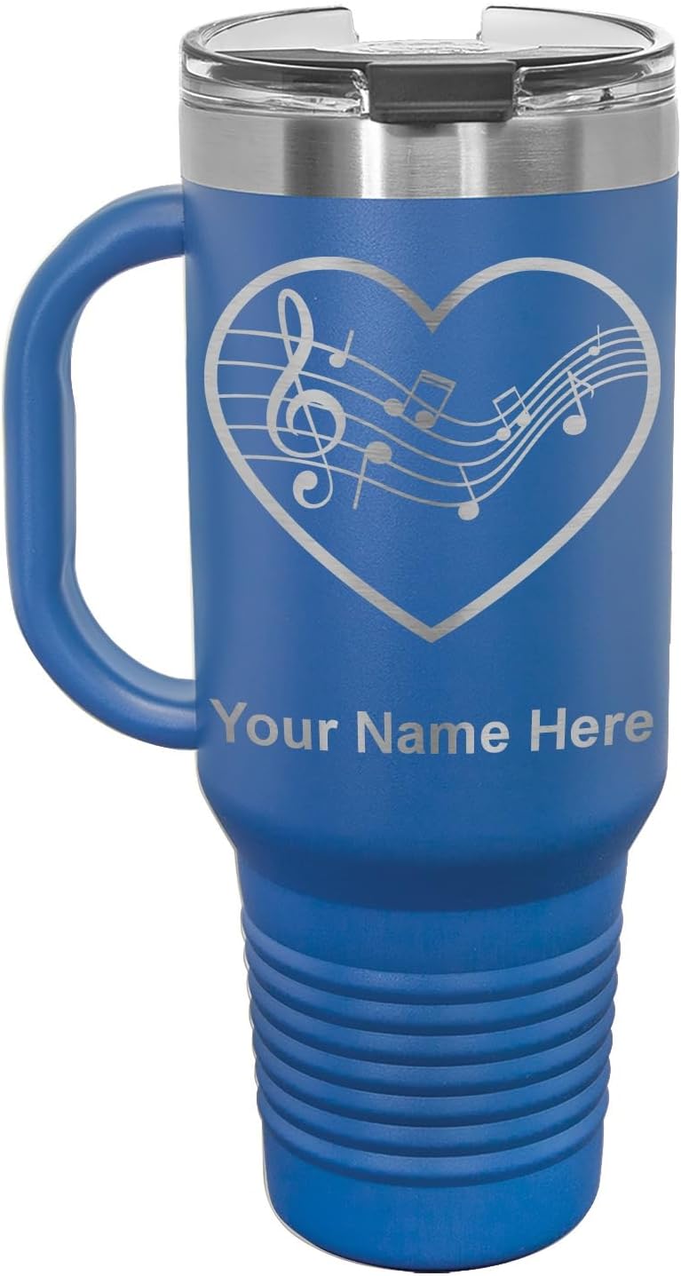 LaserGram 40oz Vacuum Insulated Travel Mug with Handle, Music Staff Heart, Personalized Engraving Included (Dark Blue)
