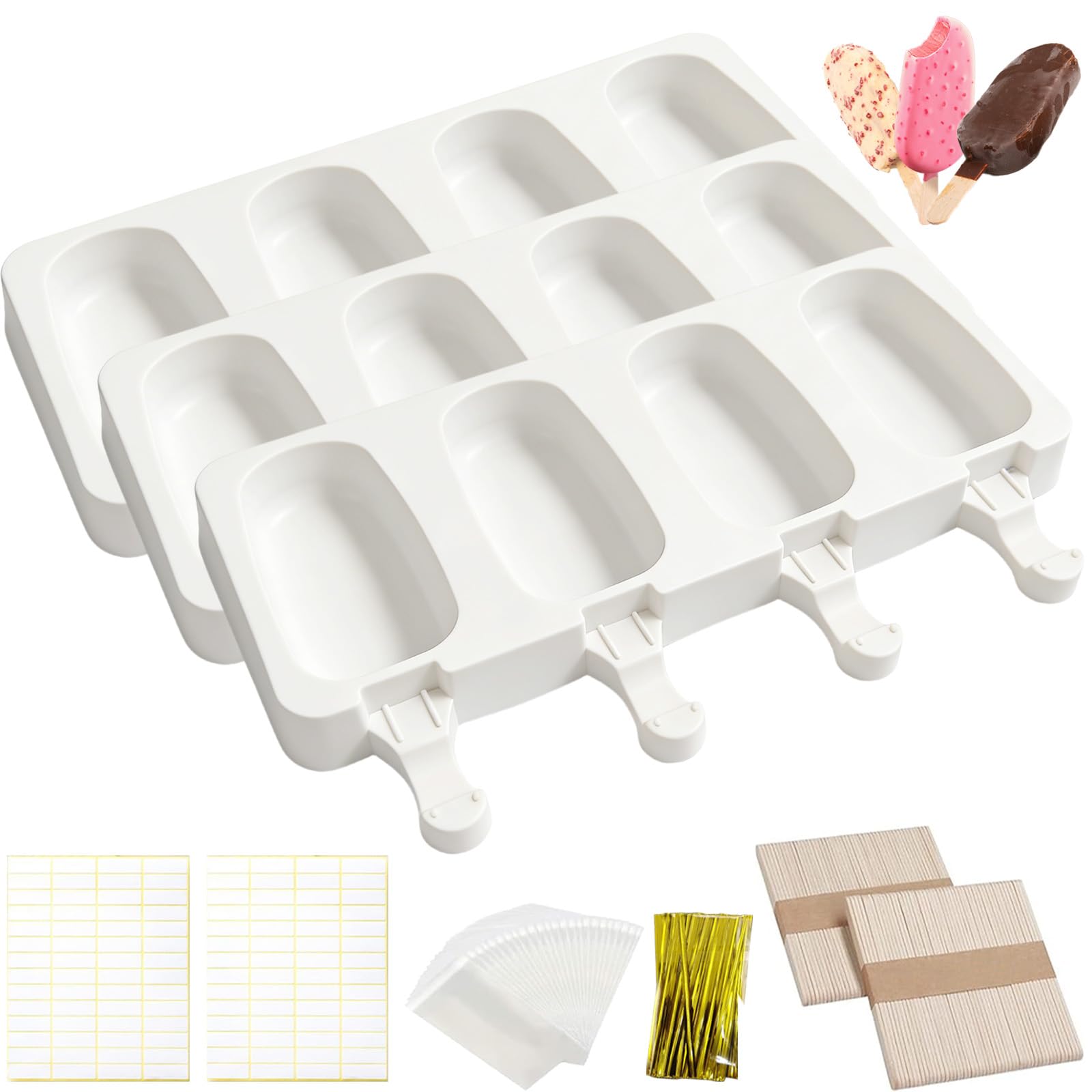 3 Juegos Moldes para palitos de helado, 4 cavidades de molde, Molde Helado Silicona sin BPA, Moldes Paletas, con 100 palitos, 100 bolsas OPP, 100 bridas para cables, 100 pegatinas