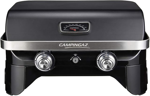 Campingaz 2100 LX Attitude 2100 LX Gas Grill, Portable Table Top Grill, 2 Steel Burners, 5 kW Power, Camping Gas Barbecue with Lid, Thermometer, Grill Grid and Plancha, Black 65 x 69 x 73cm