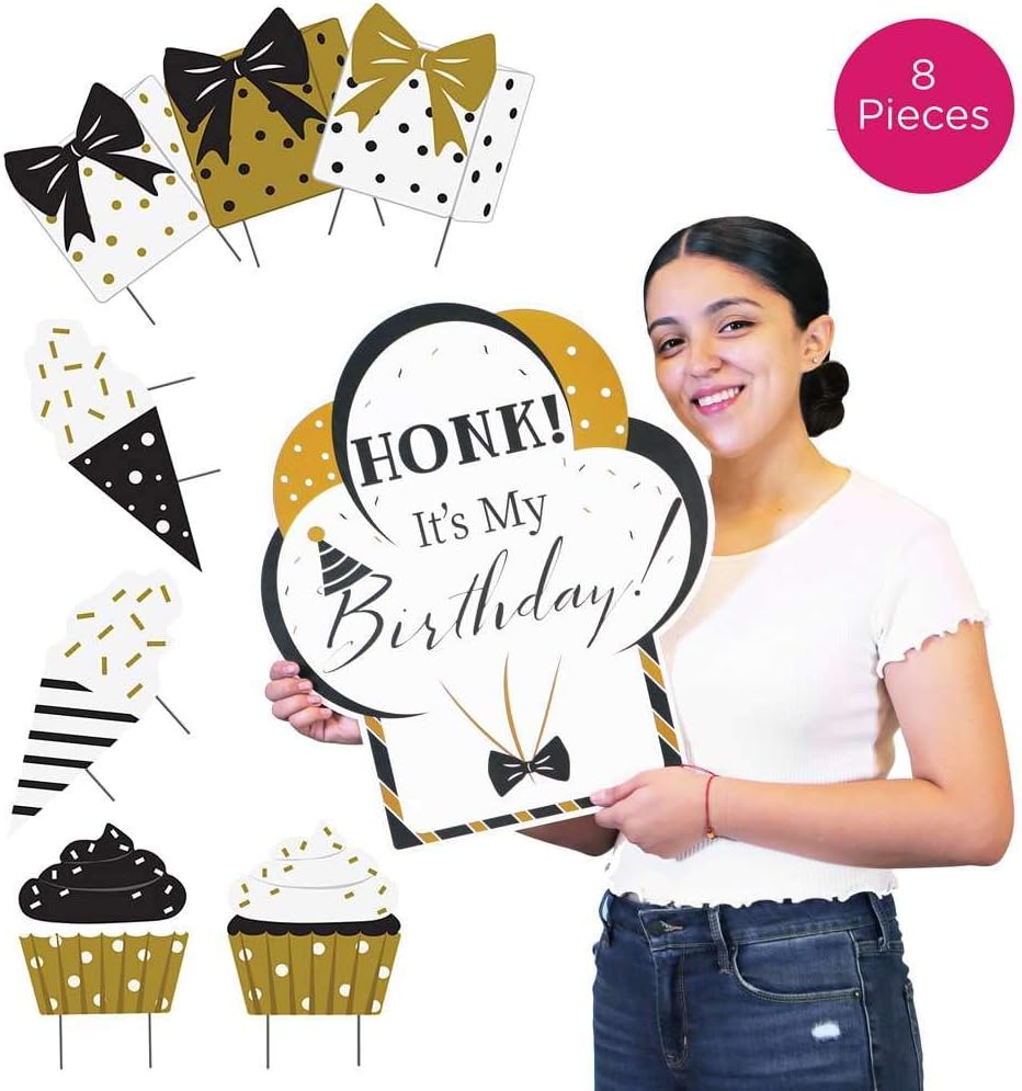 Kate Aspen Happy Birthday Party Decorations, Black & Gold Yard Signs with Stakes (Set of 8) (18209NA) Thick Weatherproof Corrugated Board