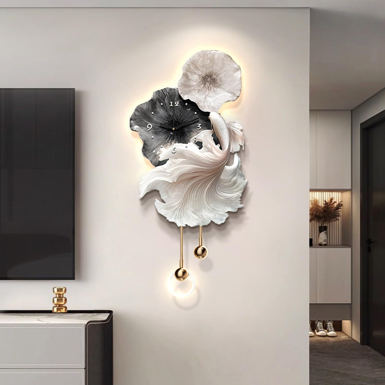 ITOSUI Large Decorative 3D Wall Art Clock with LED Light,Koi Fish Creative Wall Sculptures,Silent Wall Clocks,for Living Room Bedroom Kitchen Office Decor(Black A,15.7 * 33")