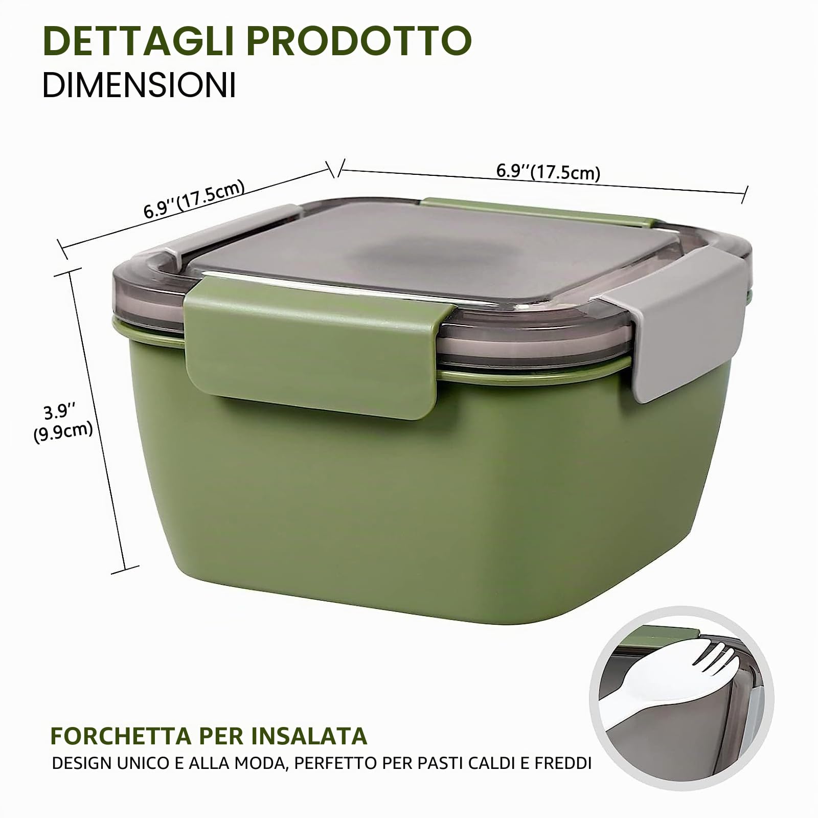 Greentainer Lunchbox Bento Box a prova di perdite con 1 forchetta, contenitore per insalata con contenitore per condimento, 3 scomparti, ideale per scuola, lavoro, picnic, viaggi, campeggio